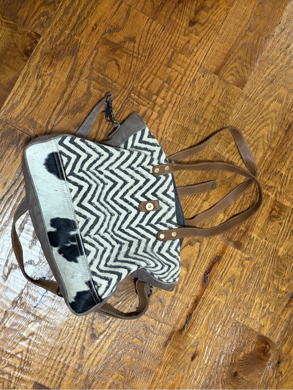 Myra Bag Black & White Chevron Cowhide Tote with Brown Leather Straps